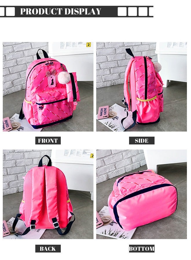 roaiss 3pcs Heart and Bowknot Printed Graphic Cute Functional Backpack Set Schoolbag and Shoulder Bag and Pencil Case with Doll Pendant for Kids/Girls Hot Pink  - Image 3