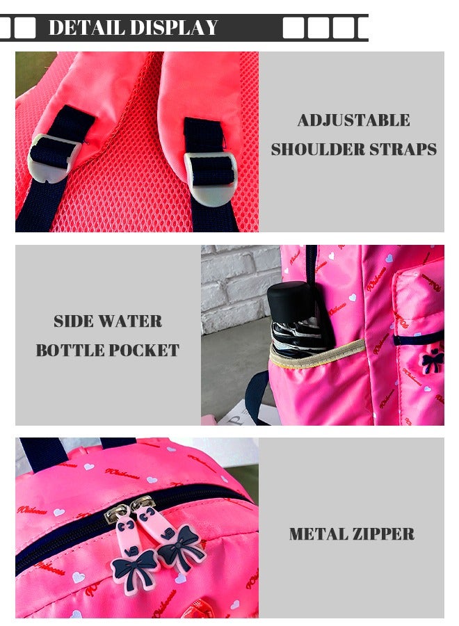 roaiss 3pcs Heart and Bowknot Printed Graphic Cute Functional Backpack Set Schoolbag and Shoulder Bag and Pencil Case with Doll Pendant for Kids/Girls Hot Pink  - Image 4