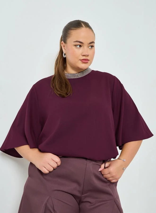 Styli Plus Size Short Flutter Sleeve Blouse