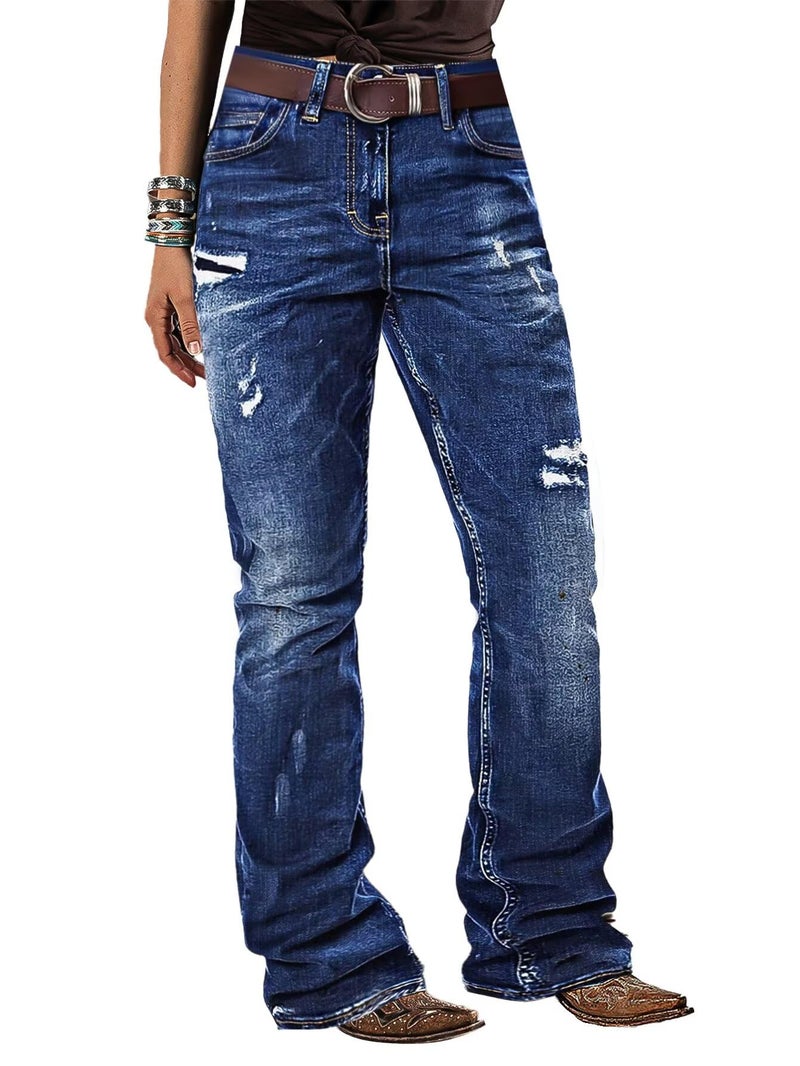 Flamingals Women's Boho Bootcut Mid Rise Jeans Distressed Stitch Detail High Stretch Denim Pants Without Belt Sapphire Blue L - Image 1
