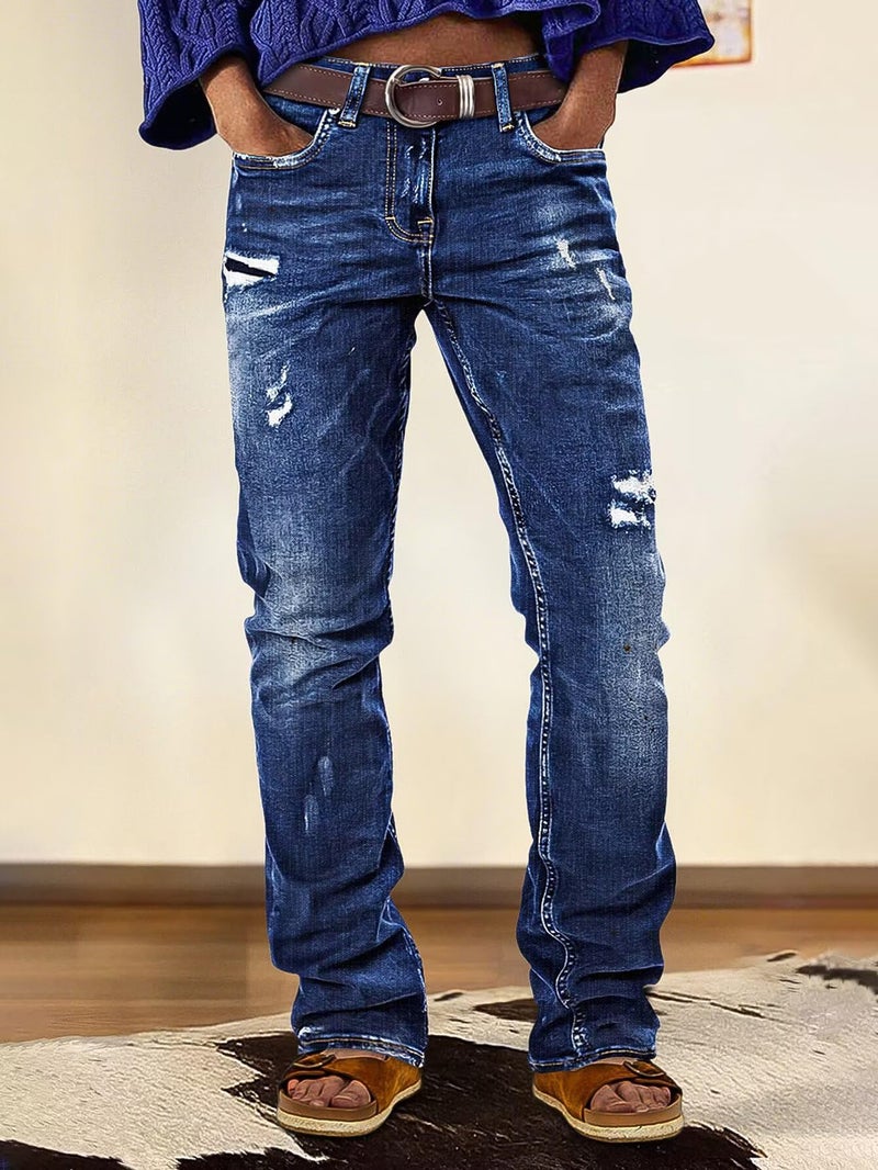 Flamingals Women's Boho Bootcut Mid Rise Jeans Distressed Stitch Detail High Stretch Denim Pants Without Belt Sapphire Blue L - Image 3