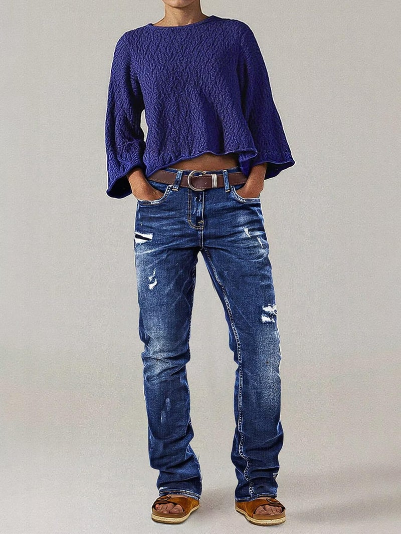 Flamingals Women's Boho Bootcut Mid Rise Jeans Distressed Stitch Detail High Stretch Denim Pants Without Belt Sapphire Blue L - Image 5