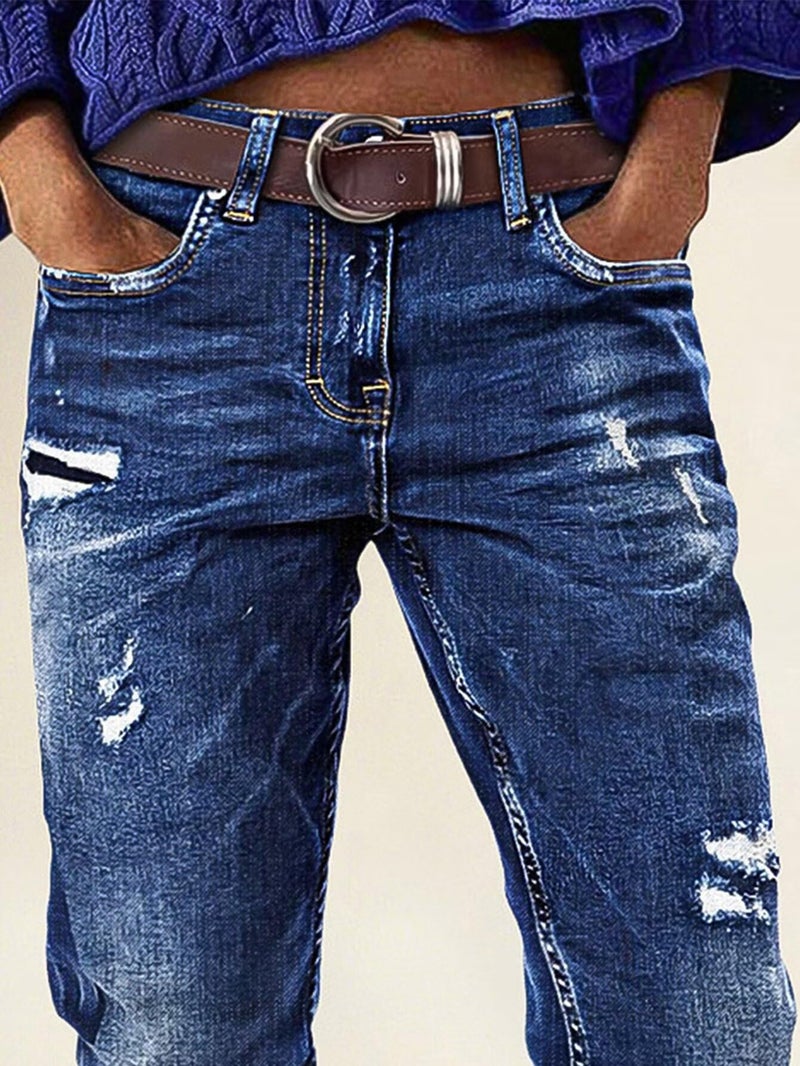 Flamingals Women's Boho Bootcut Mid Rise Jeans Distressed Stitch Detail High Stretch Denim Pants Without Belt Sapphire Blue L - Image 2
