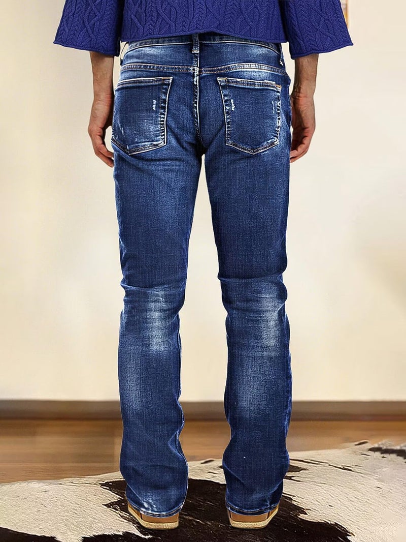 Flamingals Women's Boho Bootcut Mid Rise Jeans Distressed Stitch Detail High Stretch Denim Pants Without Belt Sapphire Blue L - Image 4
