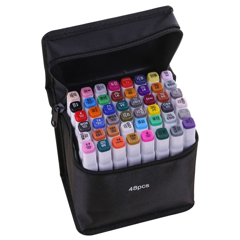 Art Markers: 48 Vibrant Color-Coded Double-Ended Quick-Dry Waterproof Smear-Proof Markers - High-Pigmented Versatile Markers With Storage Bag for Architectural Design Comic Creation Travel & Artists - Image 1