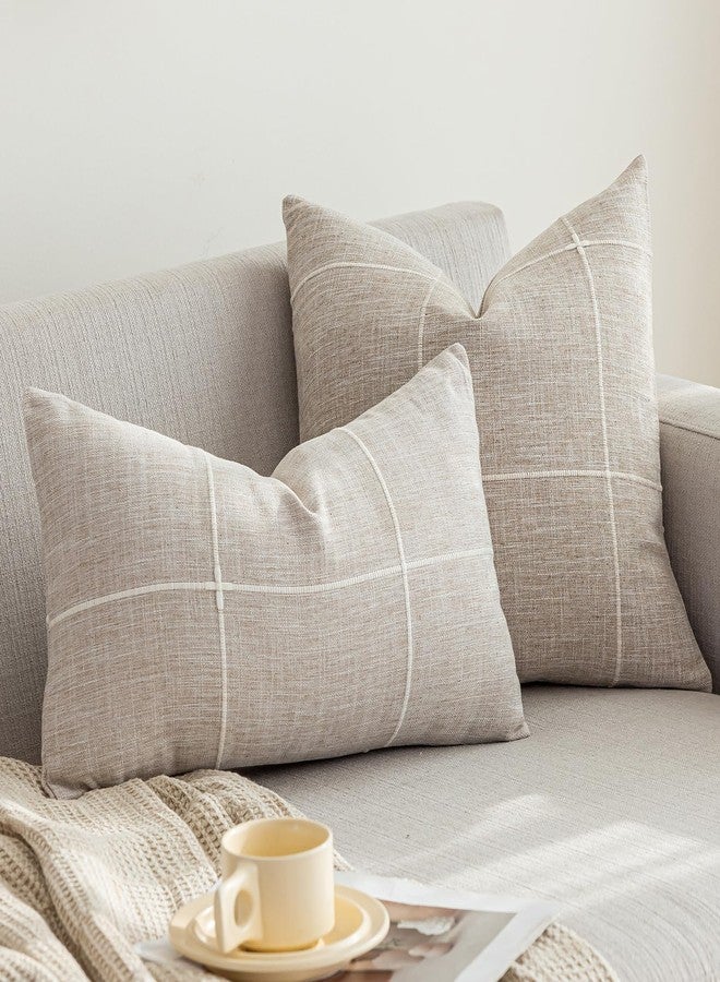 vctops Rustic Lattice Cotton Linen Decorative Throw Pillow Cover Embroidery Square Cushion Cover Pillowcase for Sofa Bedroom Couch (Plaid Coffee, 20"x20") - Image 2