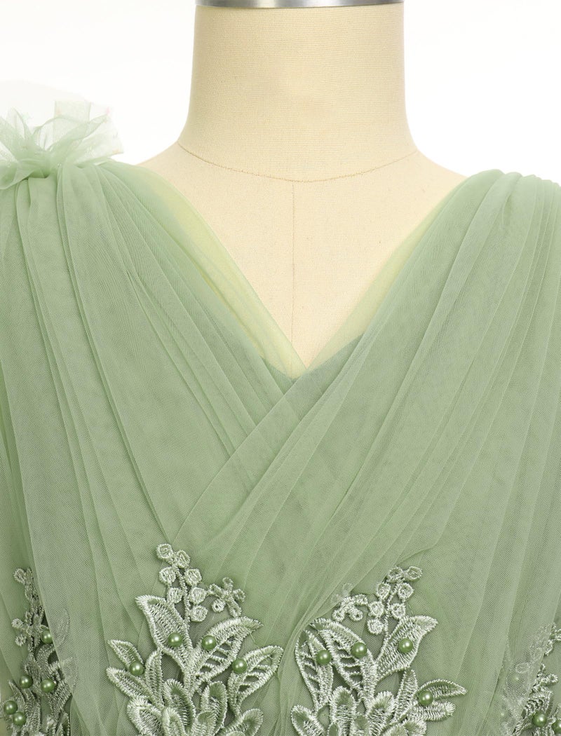 IDOPIP Flower Girl Sequin Butterfly Dress for Kids Wedding Bridesmaid Pageant Party Formal Long Lace Maxi Gown Big Princess Birthday Communion Prom Handkerchief Puffy Tulle Dresses Green 7-8 Years - Image 3
