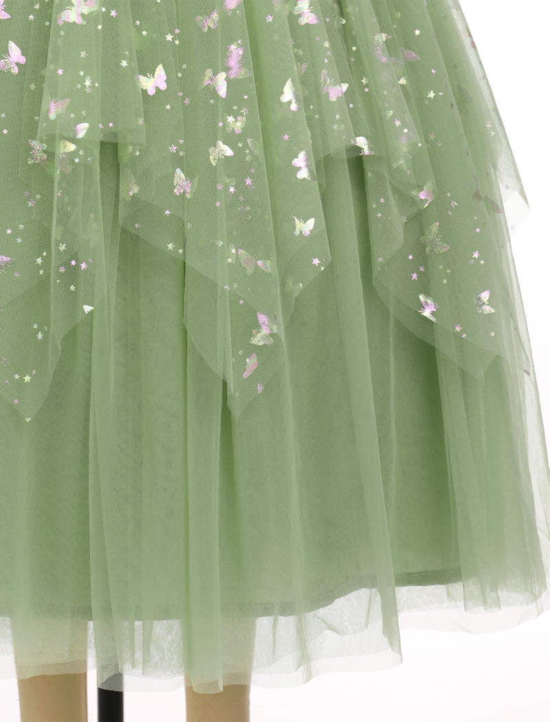 IDOPIP Flower Girl Sequin Butterfly Dress for Kids Wedding Bridesmaid Pageant Party Formal Long Lace Maxi Gown Big Princess Birthday Communion Prom Handkerchief Puffy Tulle Dresses Green 7-8 Years - Image 5