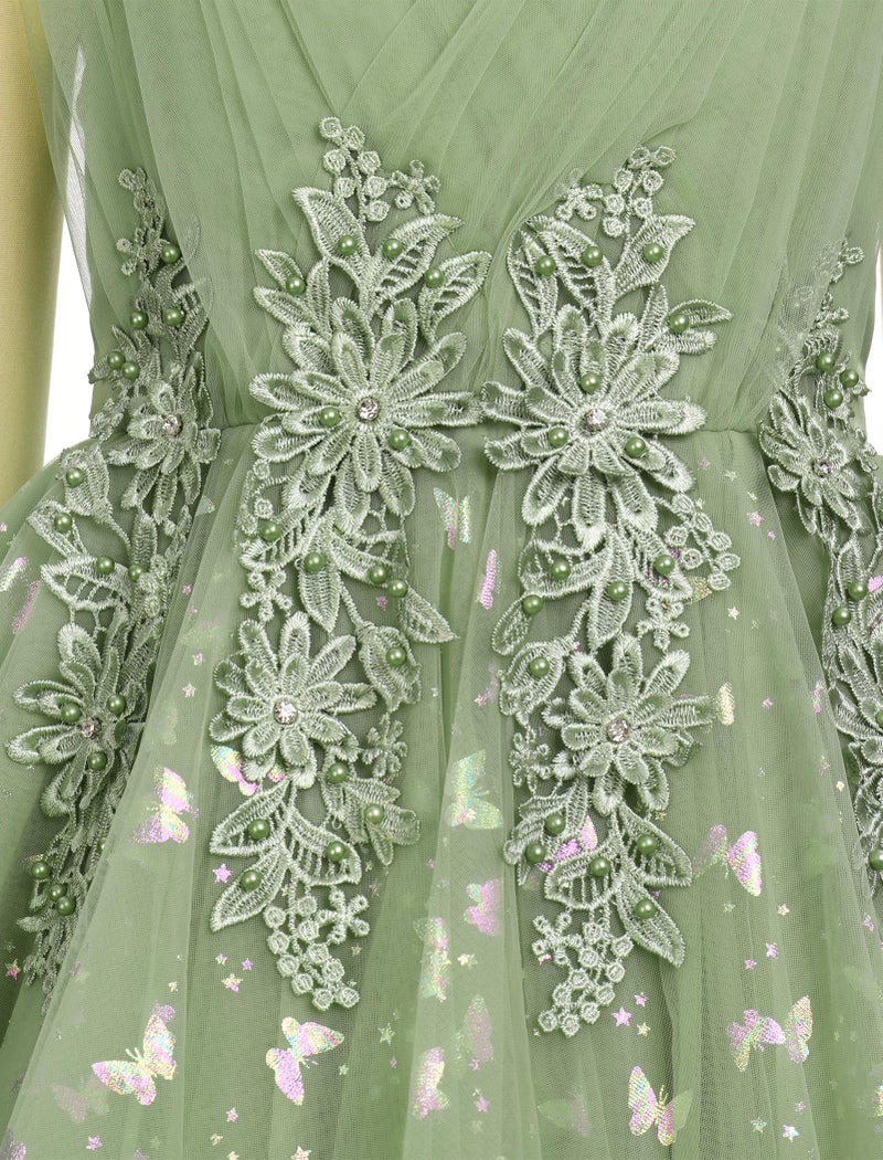 IDOPIP Flower Girl Sequin Butterfly Dress for Kids Wedding Bridesmaid Pageant Party Formal Long Lace Maxi Gown Big Princess Birthday Communion Prom Handkerchief Puffy Tulle Dresses Green 7-8 Years - Image 4