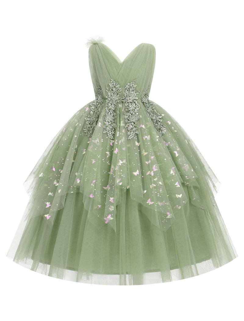 IDOPIP Flower Girl Sequin Butterfly Dress for Kids Wedding Bridesmaid Pageant Party Formal Long Lace Maxi Gown Big Princess Birthday Communion Prom Handkerchief Puffy Tulle Dresses Green 7-8 Years - Image 1