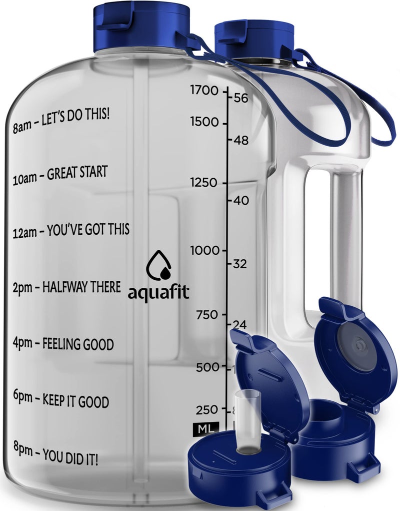 AQUAFIT Half Gallon Water Bottle With Time Marker - 64 oz Water Bottle With Straw - Gym Water Bottle With Strap - Big Water Bottle - Reusable Water Bottles With Straw - Large Water Bottle With Handle