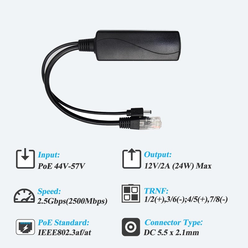REVODATA 2.5G PoE Splitter 12V/2A, DC 5.5 x 2.1 mm Plug, 48V PoE to DC 12V/2A 24W Output, 2.5Gbps Ethernet Compliant IEEE802.3af/at, Plug and Play for IP Camera, Smart Home - Image 3