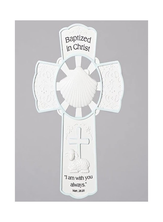 Roman 8 Inch Resin Wall Cross with Matthew 28:20 Bible Verse, Baptized in Christ, Baptism Wall Cross, Bless this child, Baptized in Christ, Christening Keepsake Gift (Baby Boy Blue))
