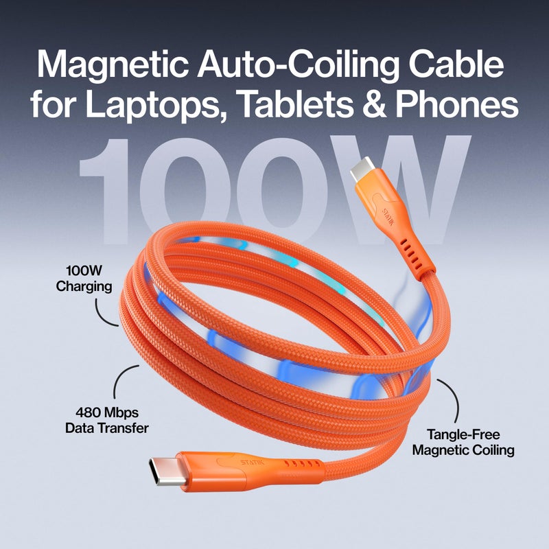 Statik MagStack Pro USB C to USB C Cable, Magnetic Type C Charger Fast Charging Cord, On The Go Magnetic Charging Cable for Car, Compatible with 16 Pro Max, 15, Galaxy S21 S20 Ultra, Orange 100W 3FT - Image 2
