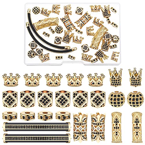 Kenning King Crown 40pc Round Zircon Rhinestone Beads Tube - Cubic Zirconia Diamond Cut Cube Spacer Beads for Jewelry Making Bracelet Connector DIY (Gold, Black Rhinestone) - Image 1