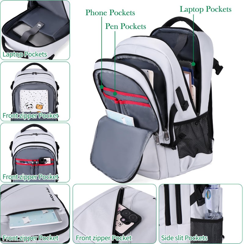 FENGDONG Durable Waterproof Travel Laptop Backpack 17.3 inch,Large College Backpack Bookbag for Men & Women Business Backpack with USB Charging Port and Headset Port Silver Black - Image 3