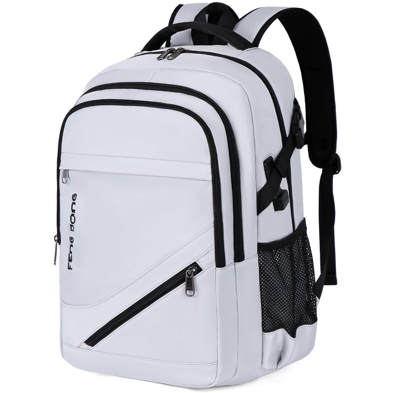 FENGDONG Durable Waterproof Travel Laptop Backpack 17.3 inch,Large College Backpack Bookbag for Men & Women Business Backpack with USB Charging Port and Headset Port Silver Black - Image 1