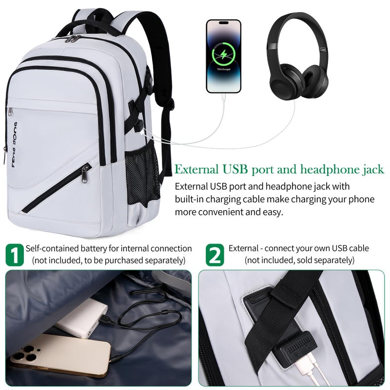 FENGDONG Durable Waterproof Travel Laptop Backpack 17.3 inch,Large College Backpack Bookbag for Men & Women Business Backpack with USB Charging Port and Headset Port Silver Black - Image 2