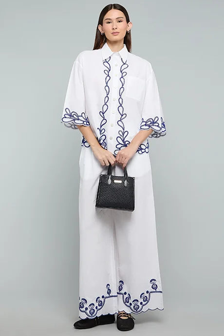 R&b Embroidered Shirt with Classic Collar and 3/4 Sleeves