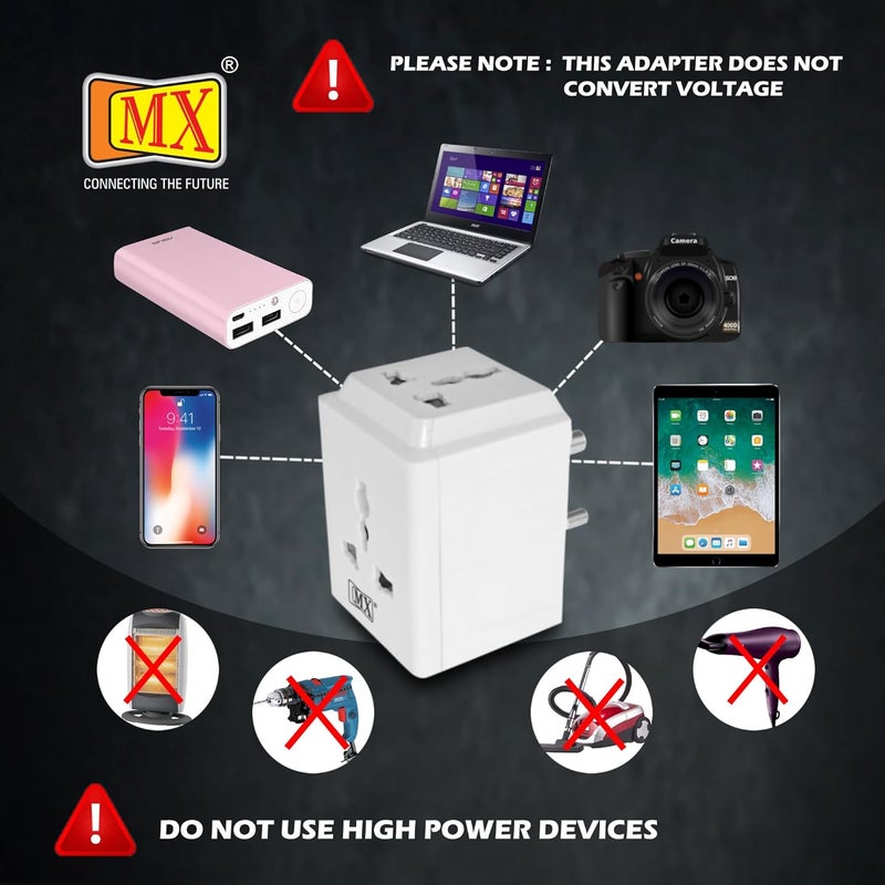 MX 3-Pin Universal Travel Adapter | Multi-Plug Socket for 2-Pin & 3-Pin Devices | 3-Way Outlet, 250V Max | Compatible with Laptops, Mobiles, Home & Office - Image 5
