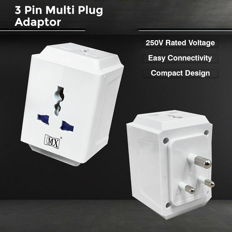MX 3-Pin Universal Travel Adapter | Multi-Plug Socket for 2-Pin & 3-Pin Devices | 3-Way Outlet, 250V Max | Compatible with Laptops, Mobiles, Home & Office - Image 3