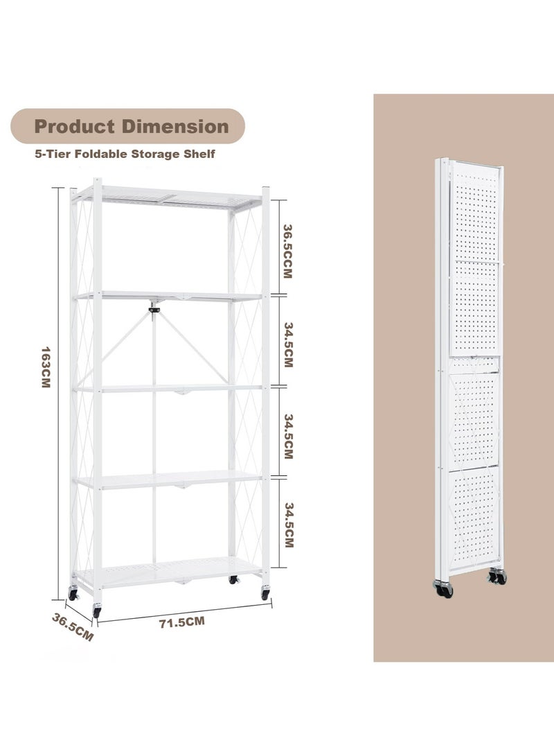 آسي بلاي رفوف التخزين المطوية بخمسة طبقات وعجلات، بدون حاجة للتجميع، سعة كبيرة، وحدة رفوف معدنية قوية متحركة للكراج والمطبخ والقبو والمخزن (أبيض، خمسة طبقات). - Image 3