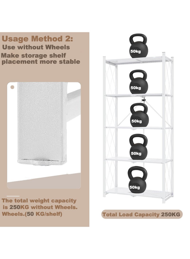 آسي بلاي رفوف التخزين المطوية بخمسة طبقات وعجلات، بدون حاجة للتجميع، سعة كبيرة، وحدة رفوف معدنية قوية متحركة للكراج والمطبخ والقبو والمخزن (أبيض، خمسة طبقات). - Image 5