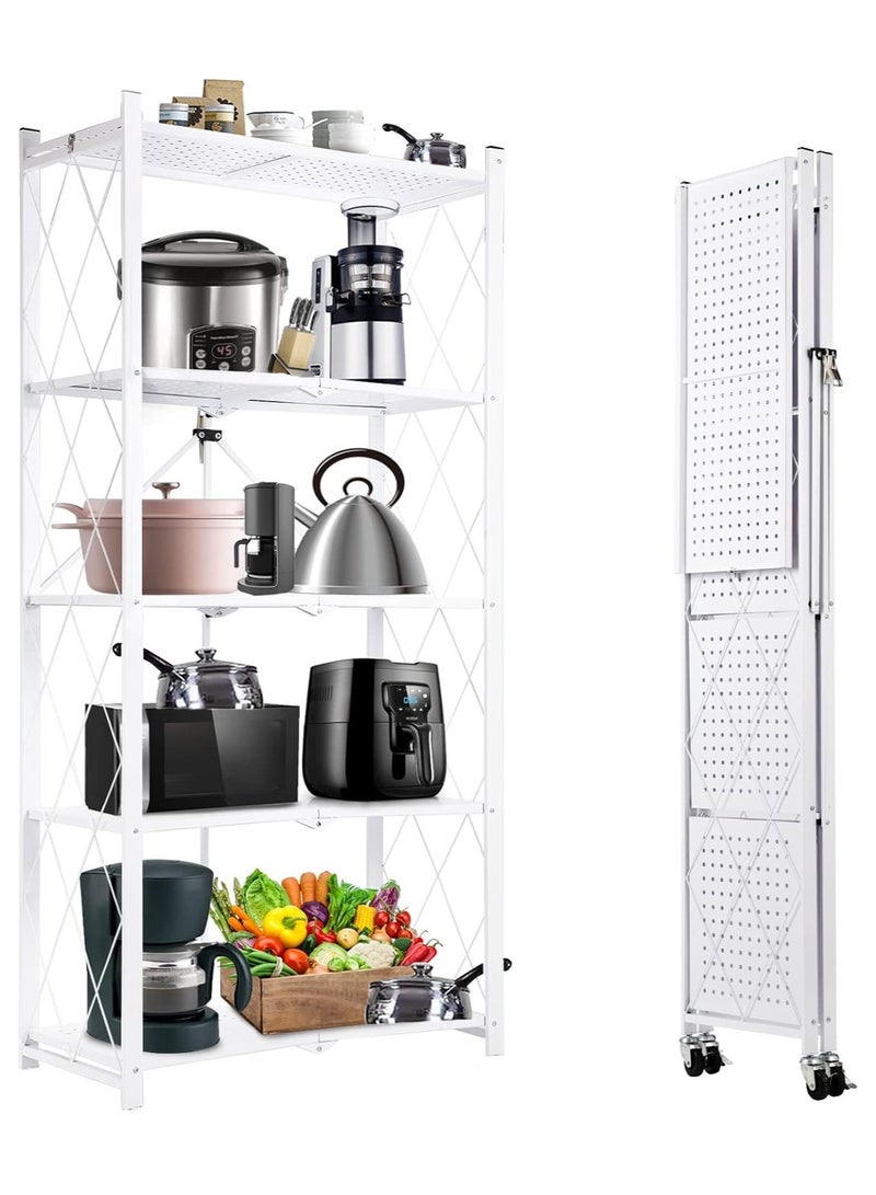 آسي بلاي رفوف التخزين المطوية بخمسة طبقات وعجلات، بدون حاجة للتجميع، سعة كبيرة، وحدة رفوف معدنية قوية متحركة للكراج والمطبخ والقبو والمخزن (أبيض، خمسة طبقات). - Image 2