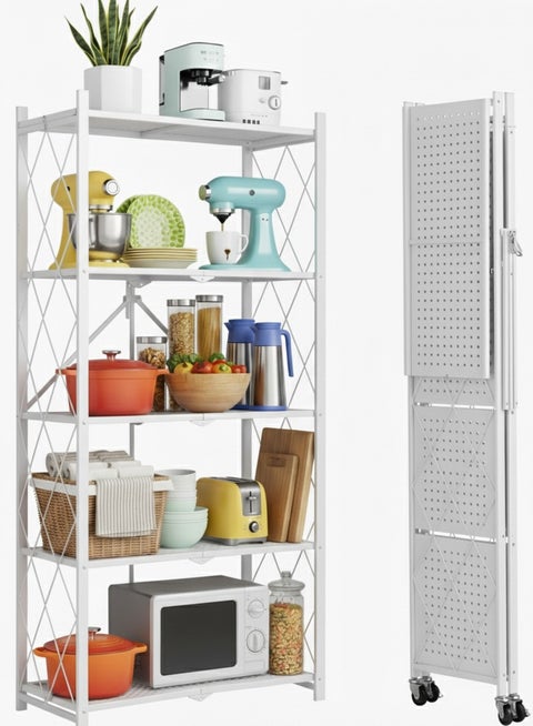5 Tier Thickened Foldable Storage Rack with Wheels,No Assembly,Large Capacity Shelves,Heavy-Duty Metal Shelving Unit Rolling Cart for Garage, Kitchen, Basement, Pantry(White, 5-Tier)