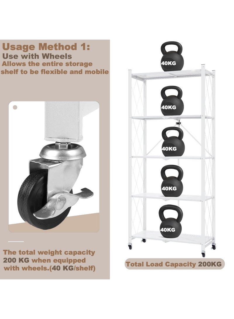 آسي بلاي رفوف التخزين المطوية بخمسة طبقات وعجلات، بدون حاجة للتجميع، سعة كبيرة، وحدة رفوف معدنية قوية متحركة للكراج والمطبخ والقبو والمخزن (أبيض، خمسة طبقات). - Image 4