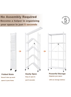 ACPLAY 5 Tier Thickened Foldable Storage Rack with Wheels,No Assembly,Large Capacity Shelves,Heavy-Duty Metal Shelving Unit Rolling Cart for Garage, Kitchen, Basement, Pantry(White, 5-Tier)  - Image 5
