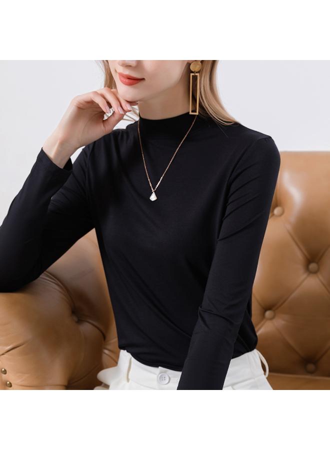 Spring And Summer New Women's Clothing Modal Base Shirt Women's Mid-collar Long-sleeved T-shirt Inner Slim-fit Solid Color Top For Women 