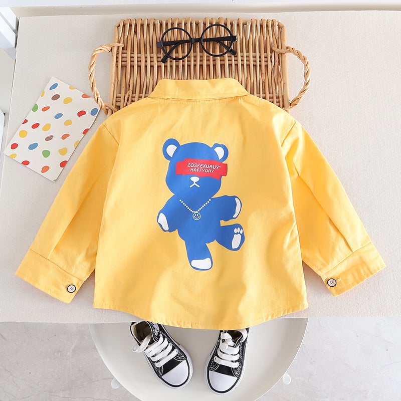 Autumn 2023 Children's Wear Lapel Solid Color Shirt Jeans Tie Spring Boy Handsome One Piece Cartoon 2 Piece Set - Image 4