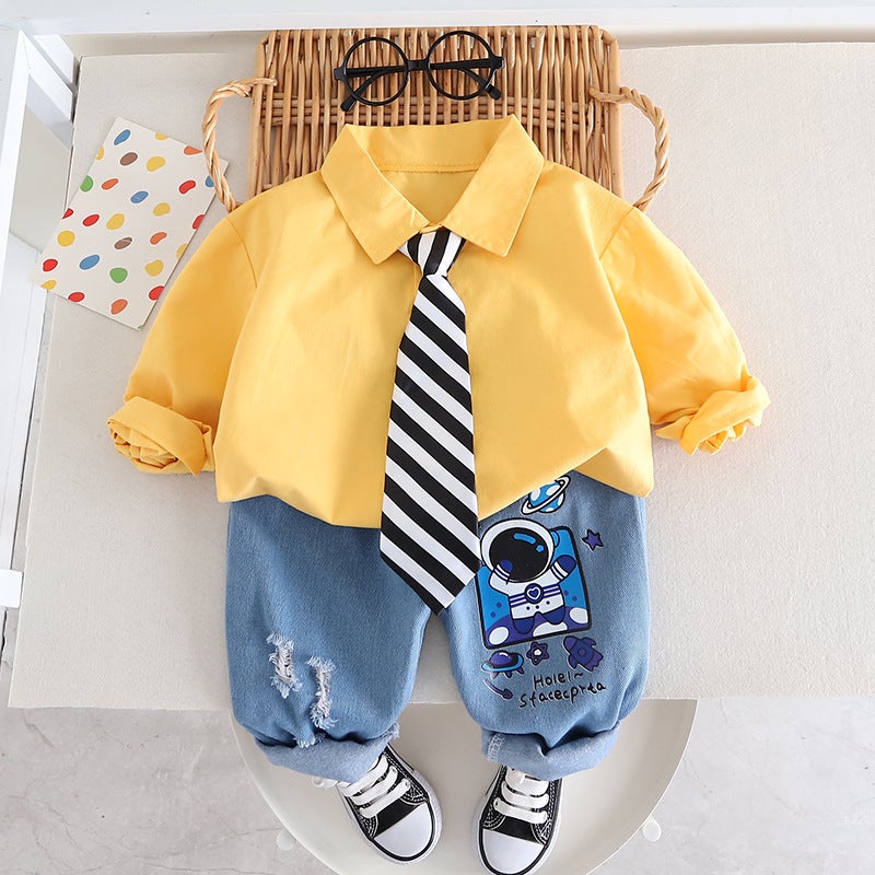 Autumn 2023 Children's Wear Lapel Solid Color Shirt Jeans Tie Spring Boy Handsome One Piece Cartoon 2 Piece Set - Image 1