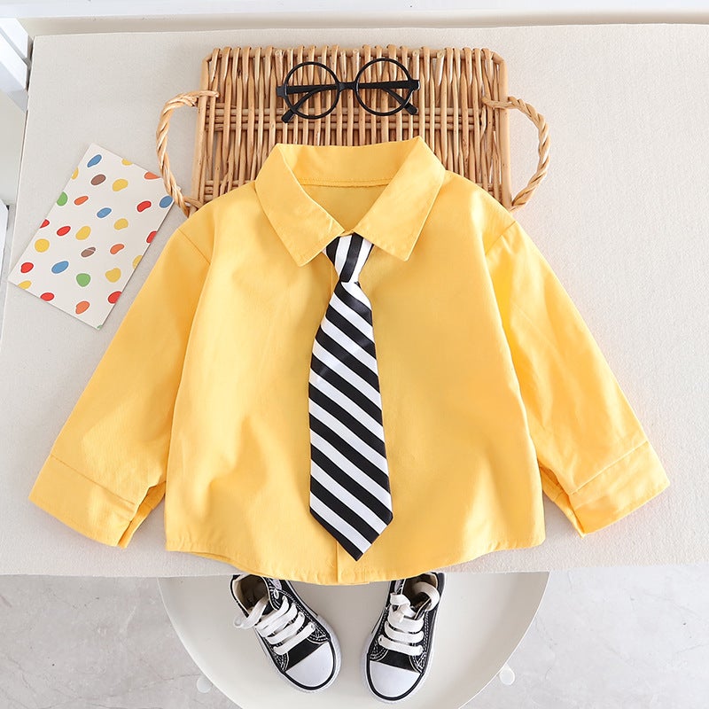 Autumn 2023 Children's Wear Lapel Solid Color Shirt Jeans Tie Spring Boy Handsome One Piece Cartoon 2 Piece Set - Image 3