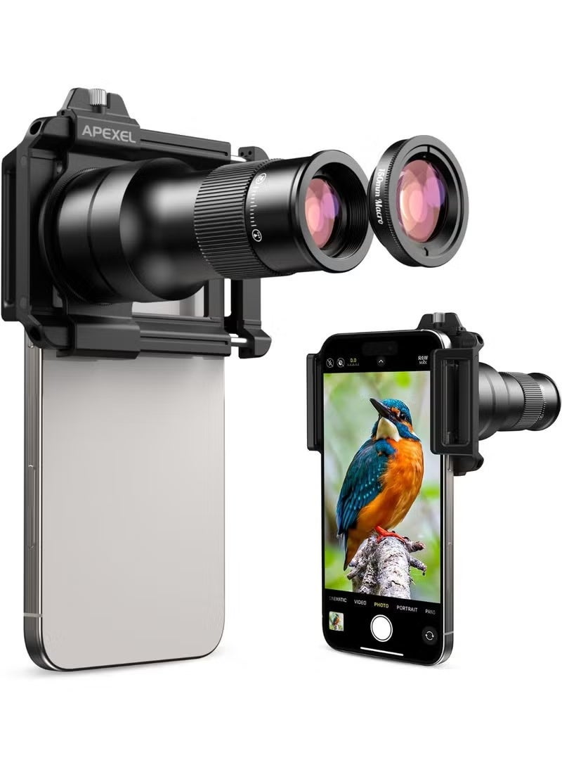 APEXEL 2-in-1 Mobile Phone Telephoto Macro Lens Kit 6X Telephoto Lens and 150mm Macro with Universal Phone Mount Storage Bag for for iPhone and Andriod - Image 1