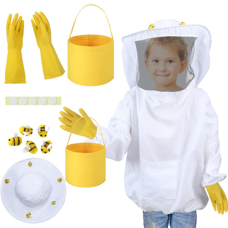 Jiuguva 13 Pcs Beekeeper Set Includes 1 Beekeeper Jacket 5 Pcs Wool Felt Bees 5 Pcs Round Double Sided Tape 1 Beekeeping Gloves 1 Felt Bucket for Children Beekeeping Supplies Halloween Medium - Image 2