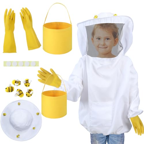 Jiuguva 13 Pcs Beekeeper Set Includes 1 Beekeeper Jacket 5 Pcs Wool Felt Bees 5 Pcs Round Double Sided Tape 1 Beekeeping Gloves 1 Felt Bucket for Children Beekeeping Supplies Halloween Medium - Image 1