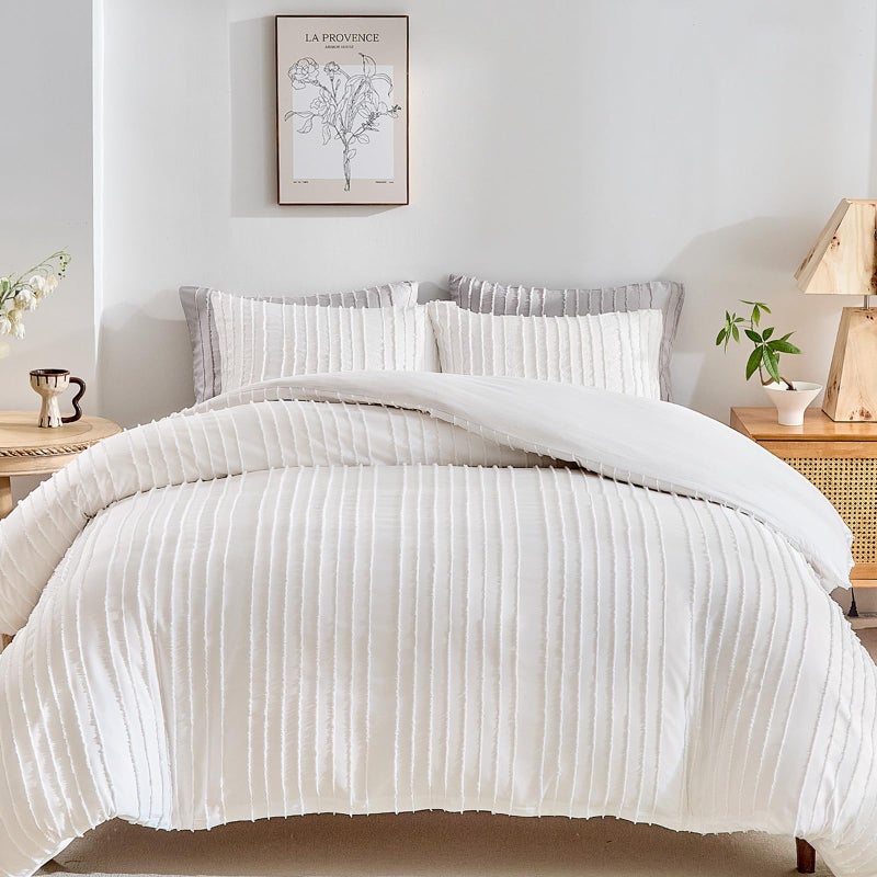 WARMDERN White Boho Duvet Cover Set King Size, Striped Textured Duvet Cover Tufted Bedding Set, 3 Pcs Ultra Soft Washed Microfiber Duvet Cover with Zipper Closure (King, White) - Image 1