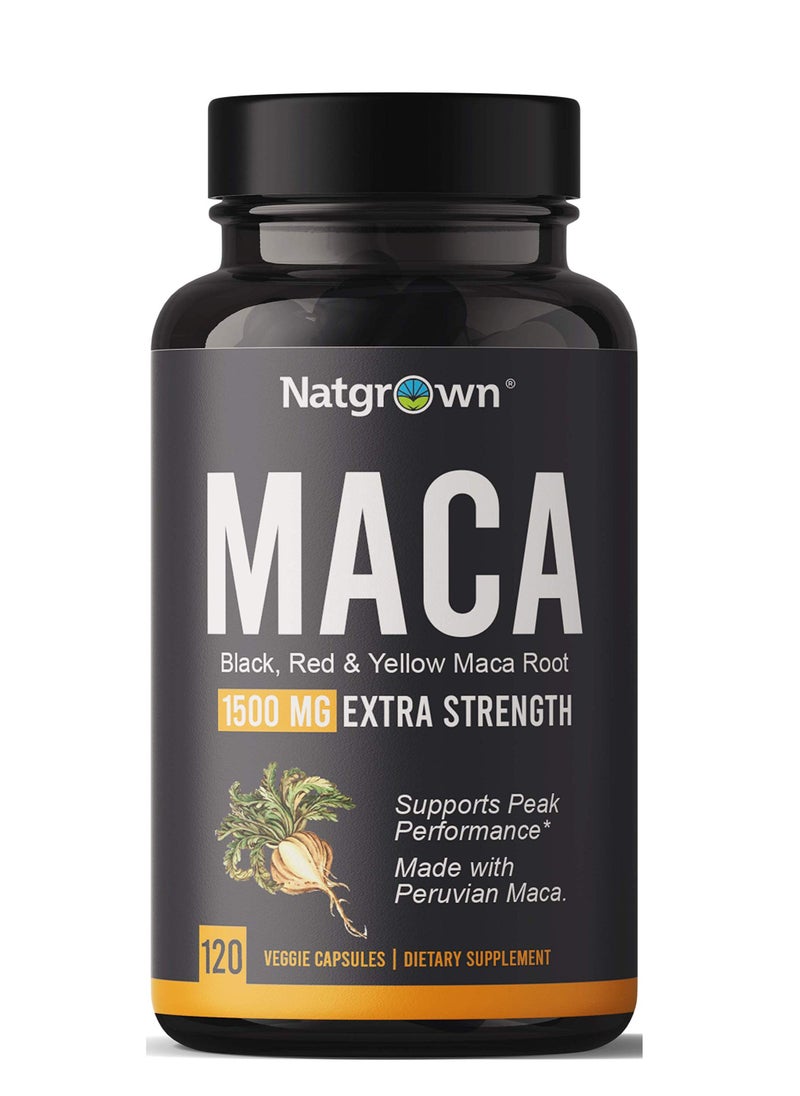Natgrown Organic Maca Root Powder Capsules 1500 mg with Black + Red + Yellow Peruvian Maca Root Extract Supplement for Men and Women - Vegan Pills  - Image 1