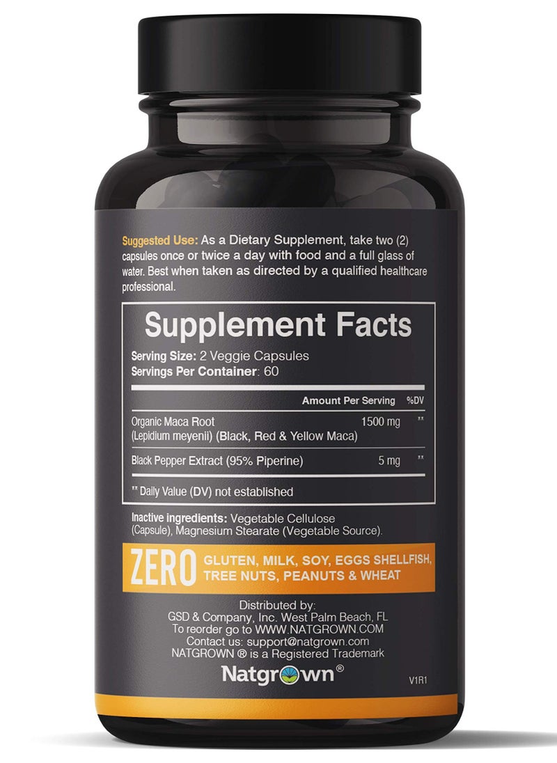 Natgrown Organic Maca Root Powder Capsules 1500 mg with Black + Red + Yellow Peruvian Maca Root Extract Supplement for Men and Women - Vegan Pills  - Image 2