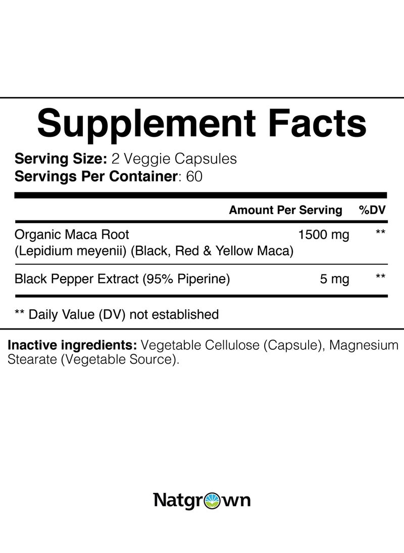 Natgrown Organic Maca Root Powder Capsules 1500 mg with Black + Red + Yellow Peruvian Maca Root Extract Supplement for Men and Women - Vegan Pills  - Image 4