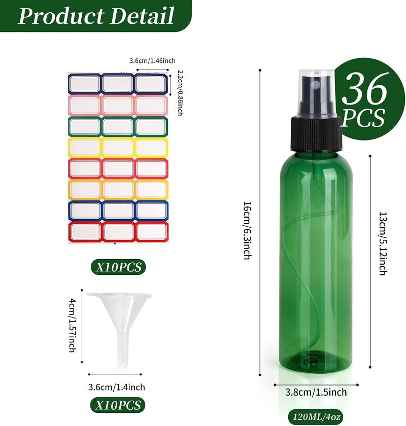 YEUIKERR 36 Pack Fine Mist Small Spray Bottles 4 oz/120 ml Plastic Spray Bottles, Empty Small Travel Spray Bottle, Refillable Mini Sprayer Bottle Bulk with Funnels and Labels, Green - Image 2