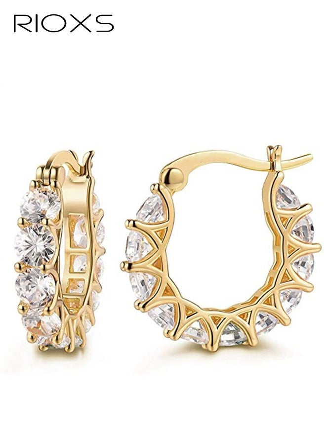RIOXS Womens Cubic Zirconia Hoop Earrings,14k Gold Plated Round Circle Earrings for Ladies, Hypoallergenic Diamond Huggies Earrings for Prom Party Dating Anniversary, Travel, Vacation, White and Gold - Image 1