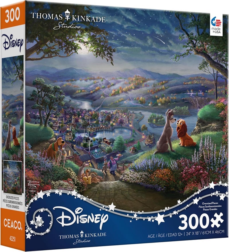 Ceaco - Disney - Thomas Kinkade - Lady and The Tramp Falling in Love - 300 Oversized Piece Jigsaw Puzzle - Image 1