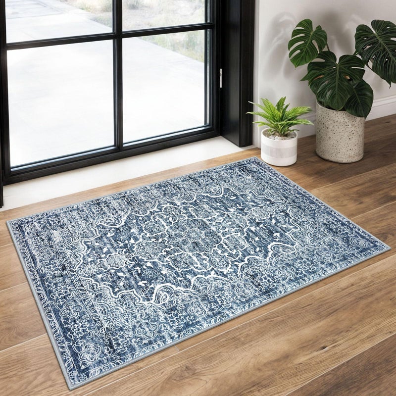 KUTA Entryway Rugs Indoor NonSlip Washable Small Area Rug 2x3 Blue Entrance Carpet Soft Printed Vintage Floral Distressed Tribal Farmhouse LowPile Door Mat for Bedroom Kitchen
