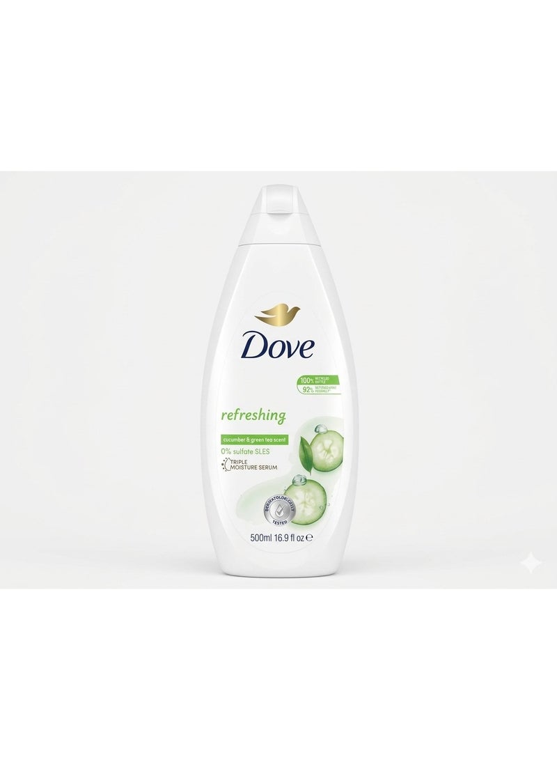 غسول الجسم دوف المنعش (Dove Refreshing Body Wash) بخلاصة الخيار والشاي الأخضر يمنح البشرة انتعاشاً حيوياً وترطيباً خفيفاً يتركها ناعمة ومشرقة بعد كل استخدام.
