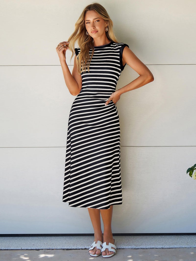 Glamaker Women Summer Tshirt Midi Dress Soft A Line Cap Sleeve Casual Sun Dress for Work Beach Vacation(Navy M) - Image 3