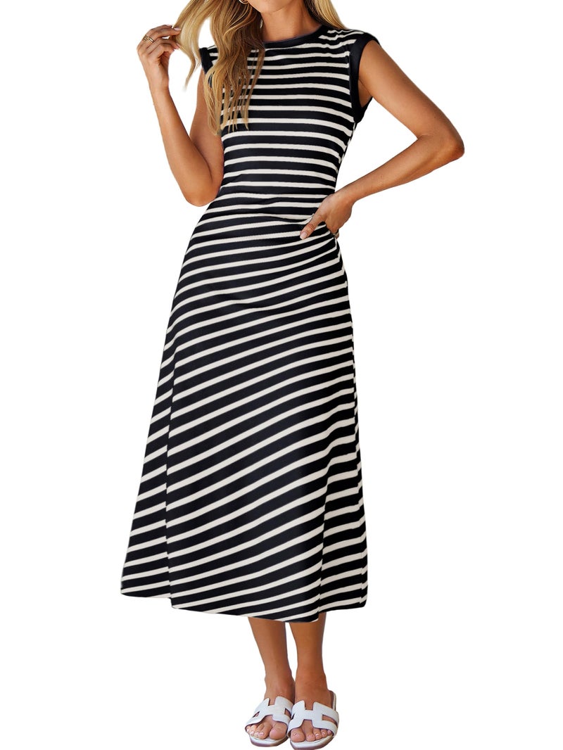 Glamaker Women Summer Tshirt Midi Dress Soft A Line Cap Sleeve Casual Sun Dress for Work Beach Vacation(Navy M) - Image 1