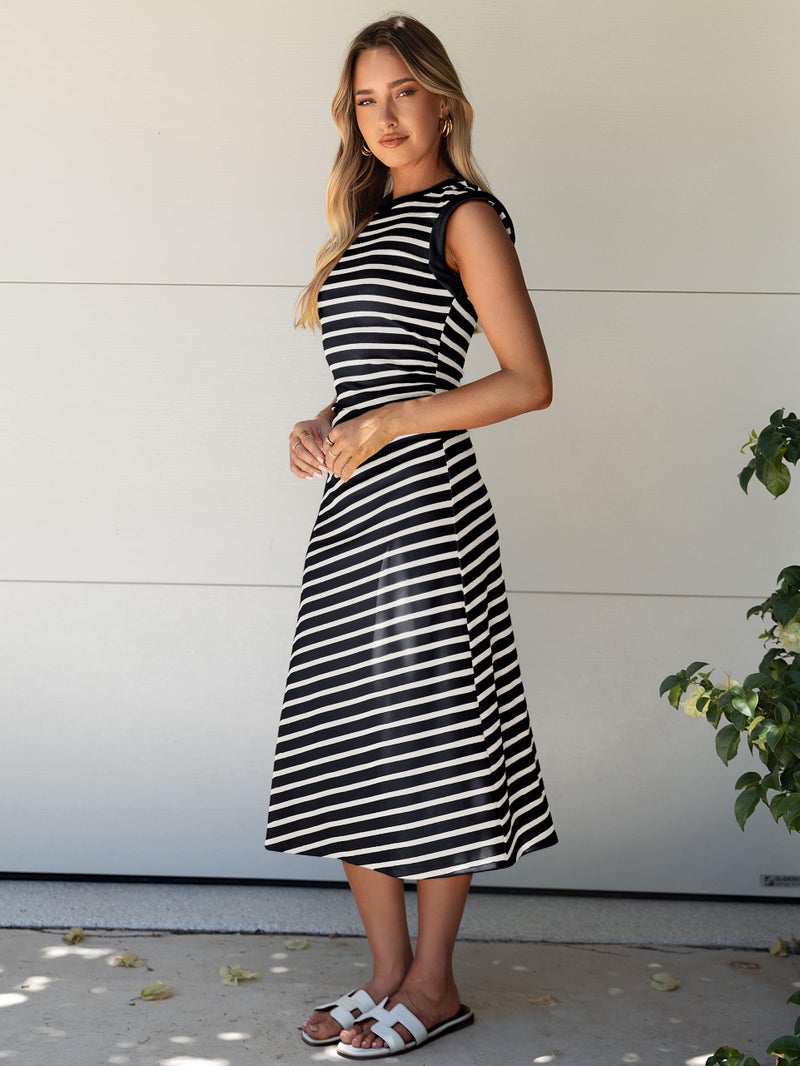 Glamaker Women Summer Tshirt Midi Dress Soft A Line Cap Sleeve Casual Sun Dress for Work Beach Vacation(Navy M) - Image 4